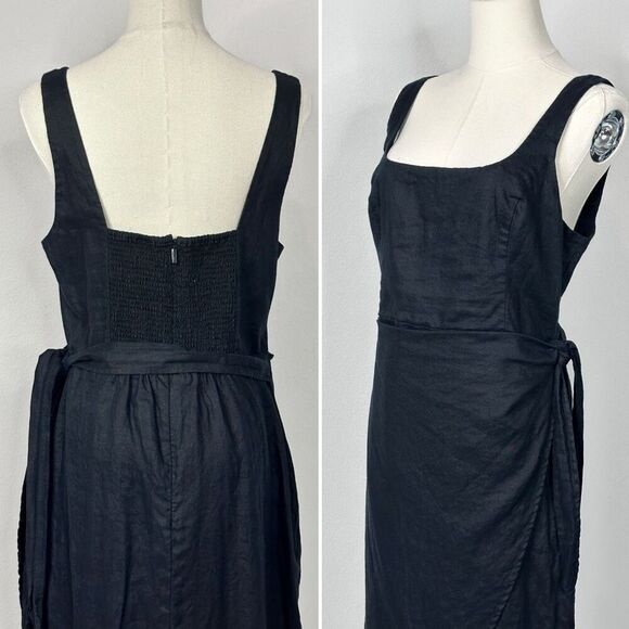Aritzia Wilfred Saturn Dress Black Organic Linen Wrap Midi 8 Minimalist Classic - Picture 6 of 12